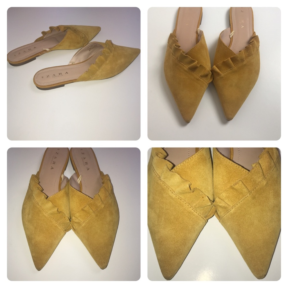 ZARA SUEDE MUSTARD MULES WITH FRILLS - Picture 8 of 9